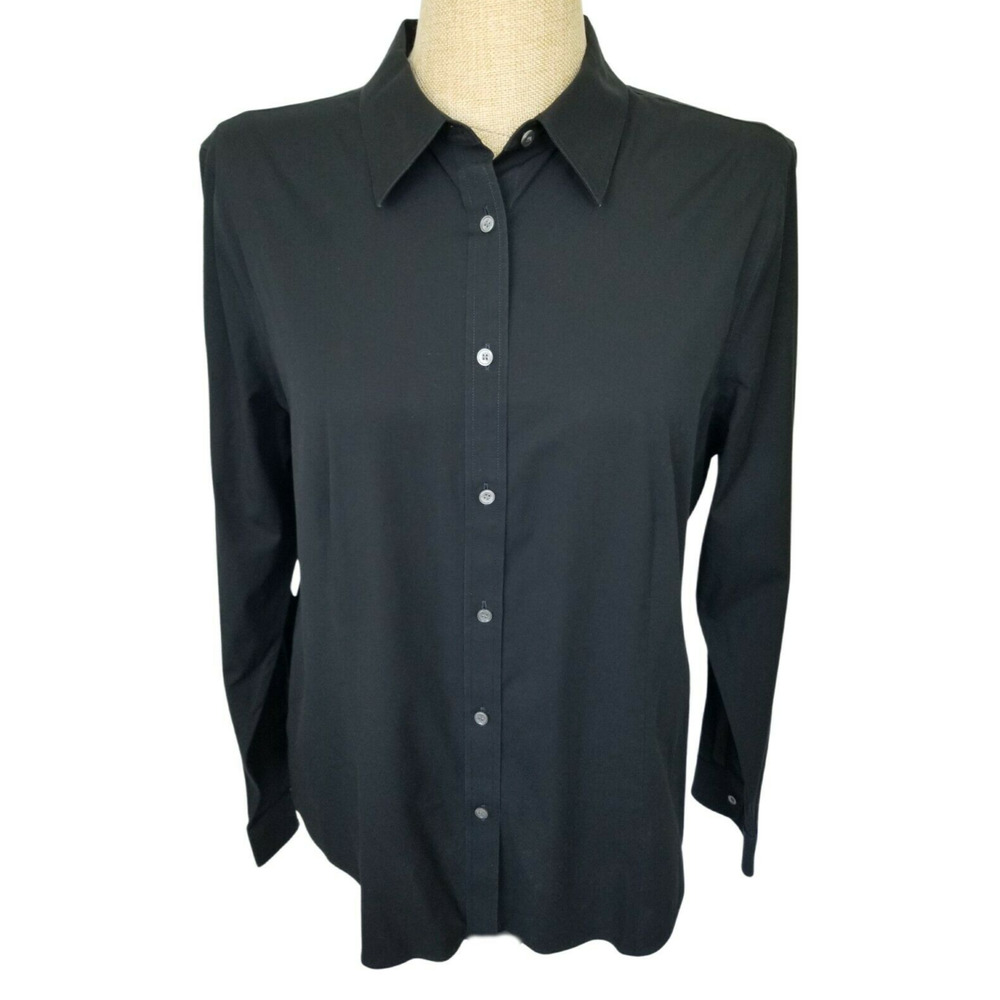 Talbots Black Wrinkle Resistant Long Sleeve Button Front Top Blouse Size 16 NWT